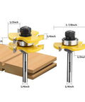 Top Shelf Quarter Inch Shank Tongue And Groove Router Bits Two Piece Set Heavy Duty Carbide Milling Cutter with guide, shown on wood.