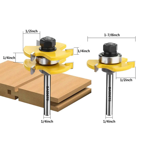 Top Shelf Quarter Inch Shank Tongue And Groove Router Bits Two Piece Set Heavy Duty Carbide Milling Cutter with guide, shown on wood.
