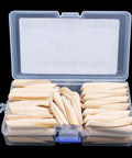 Open storage case with 100 Pack Solid PinePocket Hole Plugs for Pocket Hole Jig and Woodworking Projects, neatly organized.