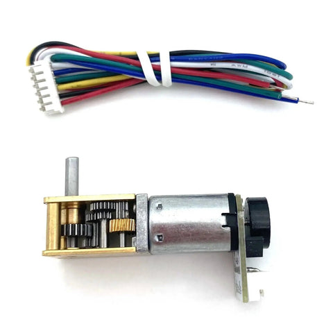 Mini Micro Metal Encoder Gear Motor For Robotics 3V 6V 12V N20 Type DC Reduction Drive with wires, metallic casing, gears visible