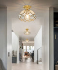 Brass Glass Semi Flush Mount Ceiling Light One Light Vintage Gold Fixture for hallways with crystal cut glass illuminated.