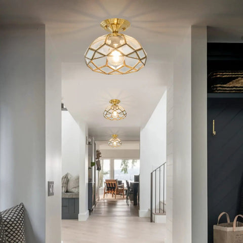 Brass Glass Semi Flush Mount Ceiling Light One Light Vintage Gold Fixture for hallways with crystal cut glass illuminated.