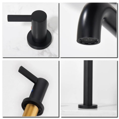 Close-up of component details for 8 Inch Widespread Black Bathroom Faucet For 3 Hole Sink With Drain Dual Lever Handle Drip Free Ceramic Valves Lead Free Stainless Steel Vanity Faucet With Durable Finish And Easy Install