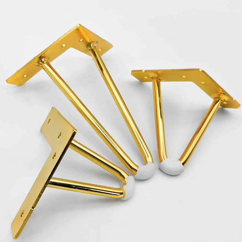 Solid As A Rock Premium Gold Hairpin Desk Legs 4 Pack Heavy Duty Steel Furniture Feet Replacement For Couches Side Tables And Cabinets 250mm Tall No Sweat Install, angled view of gold steel legs with rubber pads.