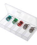 5 Pack LED Fishing Lights For Deep Water Drops in a clear case, showing various colors, Water Activated Auto On, Waterproof