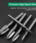 Wood carving drill bits set, 5pc, 1/8in shank, high-speed steel for engraving and woodworking, front view
