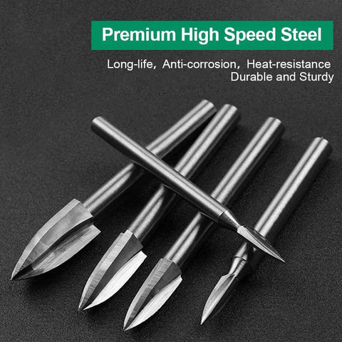 Wood carving drill bits set, 5pc, 1/8in shank, high-speed steel for engraving and woodworking, front view