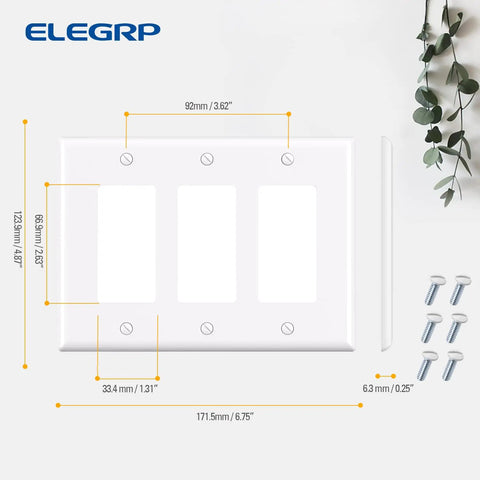 Dimensions of Three-Gang Decorative Wall Plates Pack Of Five Unbreakable Thermoplastic Faceplates Glossy White Mid Size