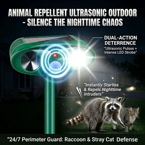 Two Pack Upgraded Sonic Ultrasonic Animal Deterrent With Solar Power Motion Sensor 110 Degree PIR And LED Strobe Light For Yard And Garden Safeguard Against Deer Rabbits Skunks Raccoons Squirrels And Cats, green solar stake unit at night