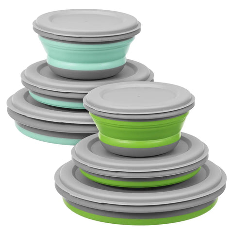 Collapsible Silicone Camping Bowl Set With Lids 6 Pack Food Grade Foldable Outdoor Tableware in green and blue with lids.