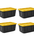Heavy Duty Storage Totes With Secure Snap Fit Lids, 27 Gallon Stackable Plastic Bins For Garage Setup And Moving Day Hustle, Durable Polypropylene Containers in a pack of four.