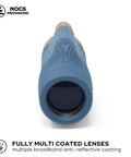 Zoom Tube 8x32 Monocular for Bird Watching and Backpacking, Ultra Portable Pocket Sized Scope with Lightweight Build, Fully Multi Coated Optics and Bak4 Prism, Ideal for Hiking, Wildlife, Travel and Nature Lovers. front view of blue monocular lens