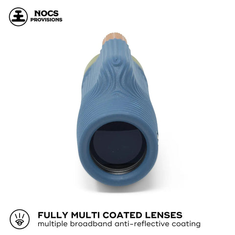 Zoom Tube 8x32 Monocular for Bird Watching and Backpacking, Ultra Portable Pocket Sized Scope with Lightweight Build, Fully Multi Coated Optics and Bak4 Prism, Ideal for Hiking, Wildlife, Travel and Nature Lovers. front view of blue monocular lens
