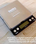 Top view of Platinum XP500 Pro Grade Jeweler Pocket Scale, crystal LCD display, silver finish, on wooden surface