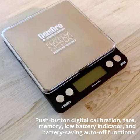 Top view of Platinum XP500 Pro Grade Jeweler Pocket Scale, crystal LCD display, silver finish, on wooden surface