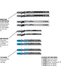 Image showing 10 Piece T Shank Jig Saw Blade Set For Wood And Metal Includes T101B Wood Blades with labeled details.