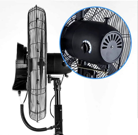 Heavy Duty Oscillating Mist Fan With Three Speed Levels And Adjustable Pedestal showing control panel and misting feature.