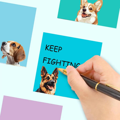 Hand writing on 3x3 inch sticky note with dog design from 9 Pads Totally Cute Sticky Notes Set 3x3 Inch Dog Self Stick Notepads For Dog Lovers