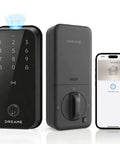 Premium Smart WiFi Door Lock Featuring Slick Fingerprint Keypad And Apple Home Key Compatibility For Smooth iPhone Unlocks viewed from the front and side with smartphone.