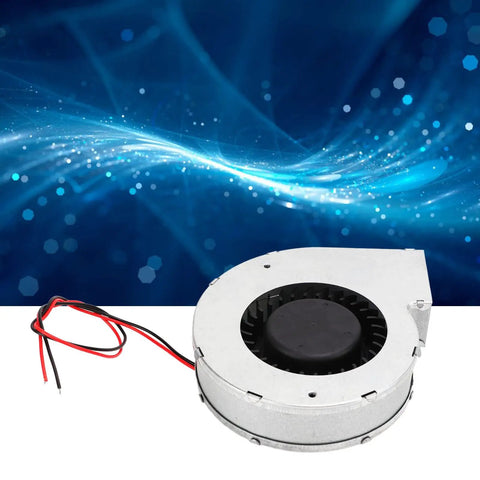 Beefy 12V Brushless Blower Fan with dual bearings for routers and 3D printers, shown against a blue abstract background.