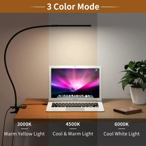 LED Desk Lamp With Clamp For Home Office 77 LEDs 3 Color Modes displaying color temperature on desk with laptop