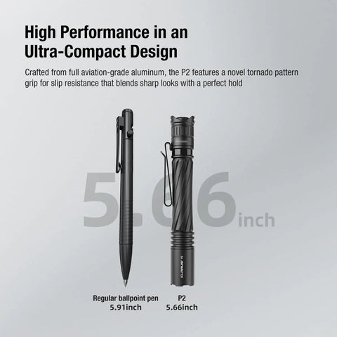 P2 Tactical Pen Light with 1000 Lumens, 886ft Throw, USB-C Rechargeable Or 2AA Compatible next to a ballpoint pen for size comparison