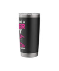 Side view of a black Proud Mom Of A Glider Pilot Insulated Stainless Steel Tumbler with pink text, designed for aviation enthusiasts.
