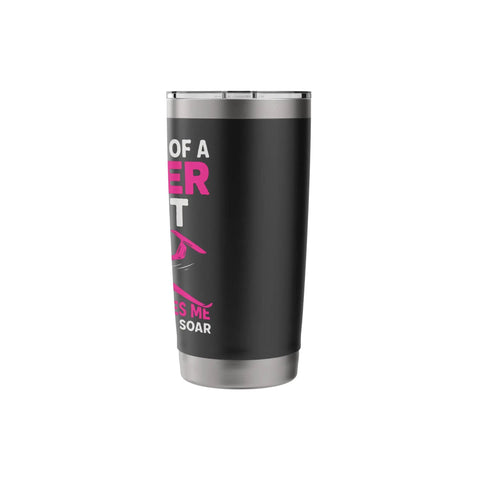 Side view of a black Proud Mom Of A Glider Pilot Insulated Stainless Steel Tumbler with pink text, designed for aviation enthusiasts.