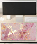 Big Ol Pink Desk Pad, 31.5 By 15.7 Inch, Rose Gold Marble, PU Leather, Waterproof Mouse Pad on desk with computer and accessories