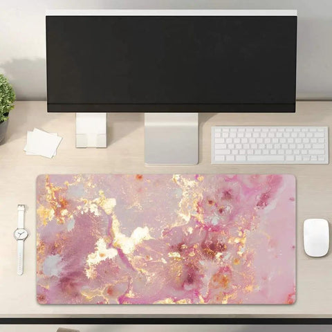 Big Ol Pink Desk Pad, 31.5 By 15.7 Inch, Rose Gold Marble, PU Leather, Waterproof Mouse Pad on desk with computer and accessories