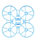 Top view of blue Meteor75 Pro Brushless Whoop Frame with triangle bilateral stretch design and large 1S LiPo slot for 45mm propellers.