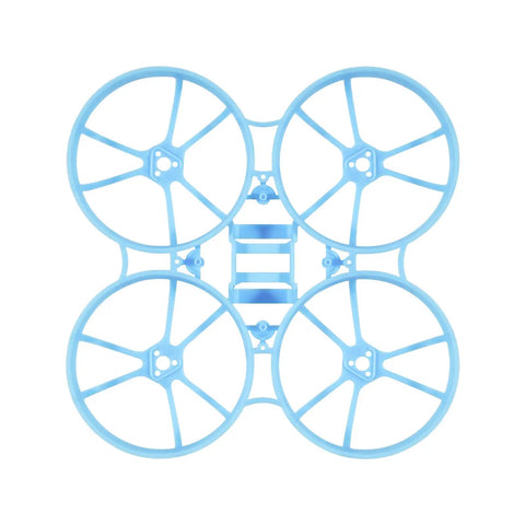 Top view of blue Meteor75 Pro Brushless Whoop Frame with triangle bilateral stretch design and large 1S LiPo slot for 45mm propellers.