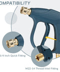 High Pressure Washer Gun 3000 PSI Max Short Spray Wand With One Quarter Inch Quick Connector M22 14 Brass Fittings