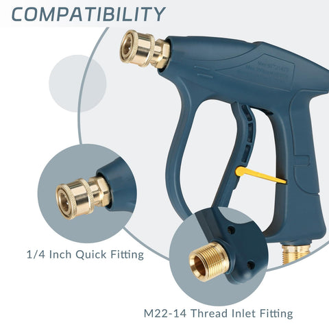 High Pressure Washer Gun 3000 PSI Max Short Spray Wand With One Quarter Inch Quick Connector M22 14 Brass Fittings
