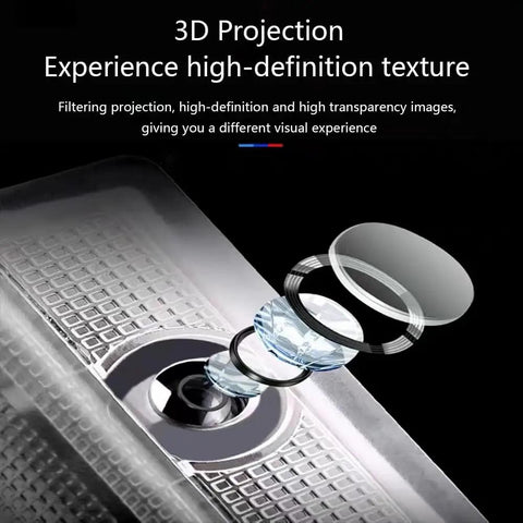 3D lens view of Four Pack Car Door Light Projectors With LED Puddle Lights, Dope Welcome Lights For 1 Through 7 And X1 X2 X3 X4 X5 X6 X7 M Z GT, Easy Plug In Replacements For Quick DIY Auto Glow.