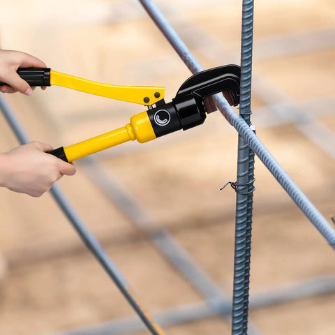 Heavy Duty 8 Ton Hydraulic Rebar Cutter For 5/8 Inch Steel Bar Manual Bolt Chain Shear Tool cutting rebar on site.