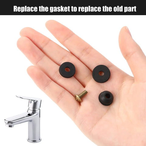 Hand holding pieces from Faucet Washer Repair Kit With 58 Pack Flat And Beveled Rubber Washers And Brass Screws For Quick DIY Leak Fix
