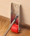 Top Shelf Set Of Four Stainless Steel Cabinet Door Rollers Paired With Heavy Duty Galvanized Track And Durable Plastic Gliders For Smooth As Butter Bottom Casters mounted with a red glider.