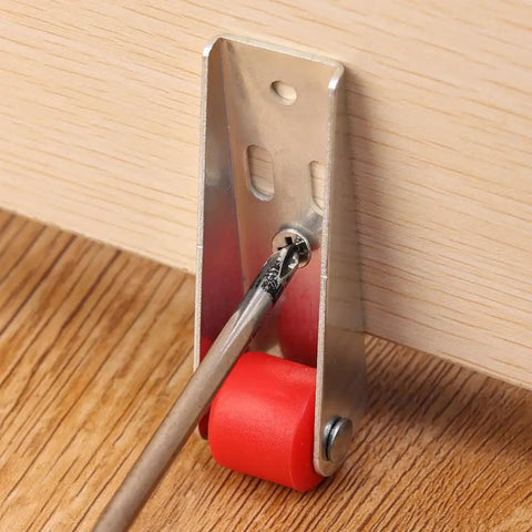 Top Shelf Set Of Four Stainless Steel Cabinet Door Rollers Paired With Heavy Duty Galvanized Track And Durable Plastic Gliders For Smooth As Butter Bottom Casters mounted with a red glider.