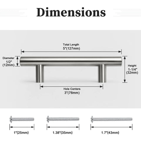 Six Pack Three Inch Hole Center Brushed Nickel T Bar Cabinet Pulls Stainless Steel Kitchen Cabinet Handles, dimensions view