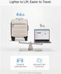 Underseat Carry On Luggage With Smooth Spinner Wheels compared to 5lb laptop, showing 4.6lb weight on balance scale
