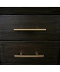 Close-up of dovetail drawers with gold handles on an L Shaped Lift Top Standing Desk 56 Inch Wide Hardwood Corner Workstation Featuring Solid Oak Veneer Umber Brown Finish.