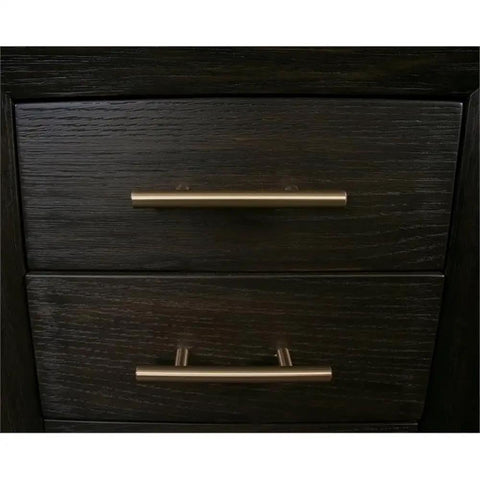 Close-up of dovetail drawers with gold handles on an L Shaped Lift Top Standing Desk 56 Inch Wide Hardwood Corner Workstation Featuring Solid Oak Veneer Umber Brown Finish.