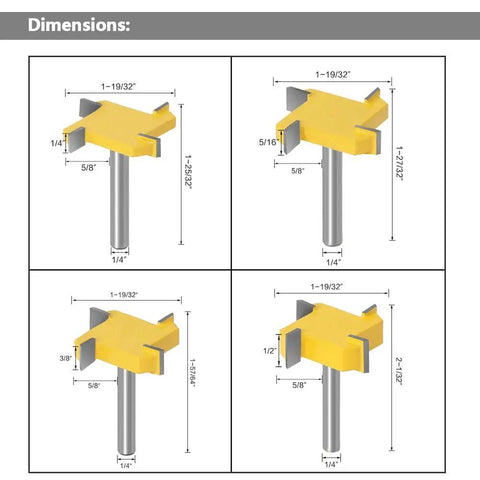 Diagram of Four Piece One Quarter Inch Shank Router Bit Set For Spoilboard Surfacing And Rabbet Slot Grooving With Four Wing Cutters