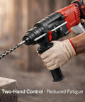 Heavy Duty Corded Rotary Hammer With Multi Speed Settings And Four Mode Switching For Masonry Drilling Core Breaking and SDS Plus Accessory Mounting, two-handed control for better grip.