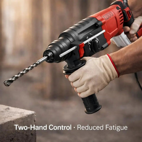 Heavy Duty Corded Rotary Hammer With Multi Speed Settings And Four Mode Switching For Masonry Drilling Core Breaking and SDS Plus Accessory Mounting, two-handed control for better grip.