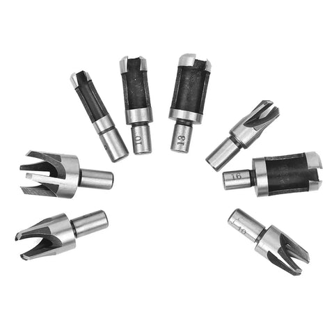 Killer Edge 8 Piece Wood Plug Cutter Drill Bit Set Forged From Heavy Duty High Carbon Steel To Sand Away Blemishes And Knock Out Deep Scratches On Fresh Carpentry Jobs Using Basic Bench Or Electric Drills, showing sizes 10mm to 18mm.