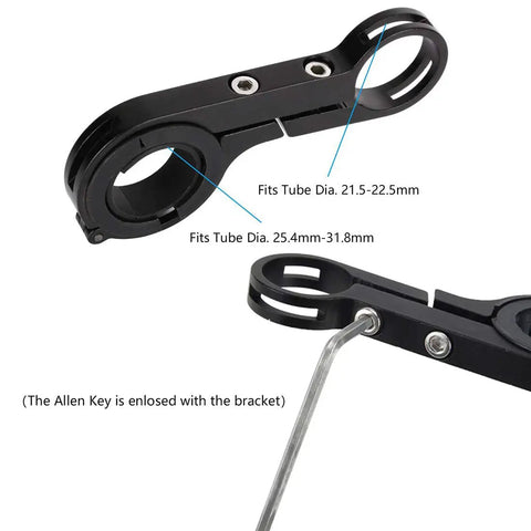 Close-up of Long 11.8 Inch Aluminum Handlebar Extender with adjustable bracket for 31.8mm and 25.4mm bike bars