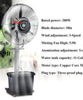 Heavy Duty 380W Misting Oscillating Fan 90 Degree Pivot Spray Cooling System With Atomization Mist Generator, 30in blade, 5.9ft height.