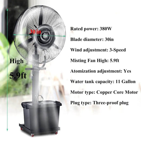 Heavy Duty 380W Misting Oscillating Fan 90 Degree Pivot Spray Cooling System With Atomization Mist Generator, 30in blade, 5.9ft height.